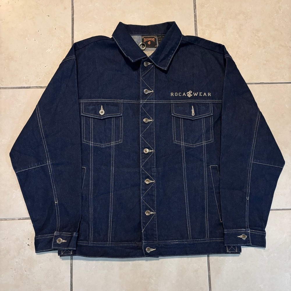 Vintage Rocawear Denim Jacket Mens Large Indigo Blue Embroidered Trucker Coat